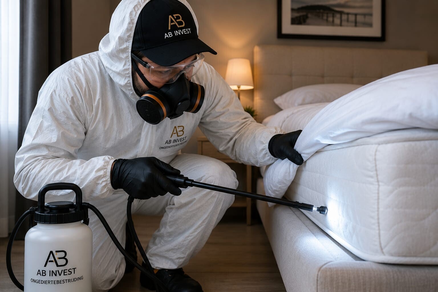 Technicus van AB Invest in beschermend pak behandelt een matras en bedbodem in een hotelkamer tegen bedwantsen